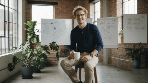 Man with coffee sits in a bright office, ready for compliance training.