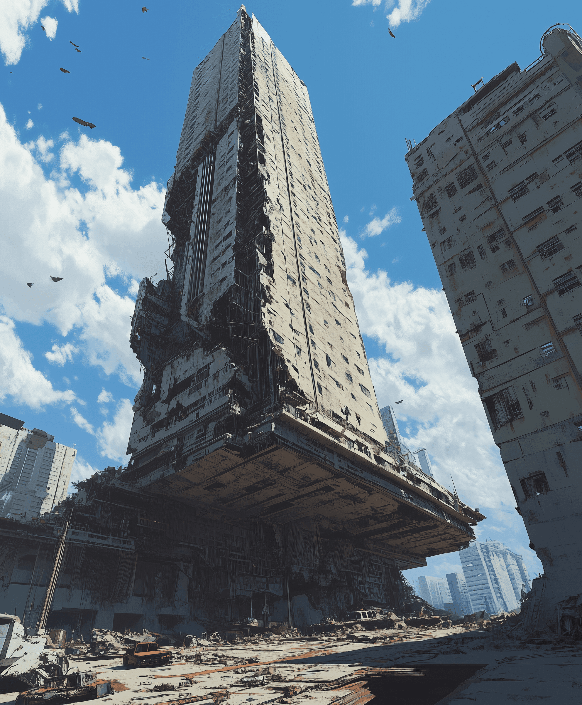 A post-apocalyptic cityscape, where towering skyscrapers stand as the only haven against an apocalyptic landscape. The scene is filled with ruins and broken structures, yet these buildings appear alive in their grayish tones, hinting at hope amidst desolation.