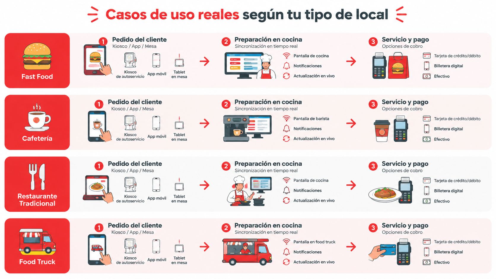 Diagrama que muestra los casos de uso de sistemas TPV para diferentes tipos de negocios gastronómicos.