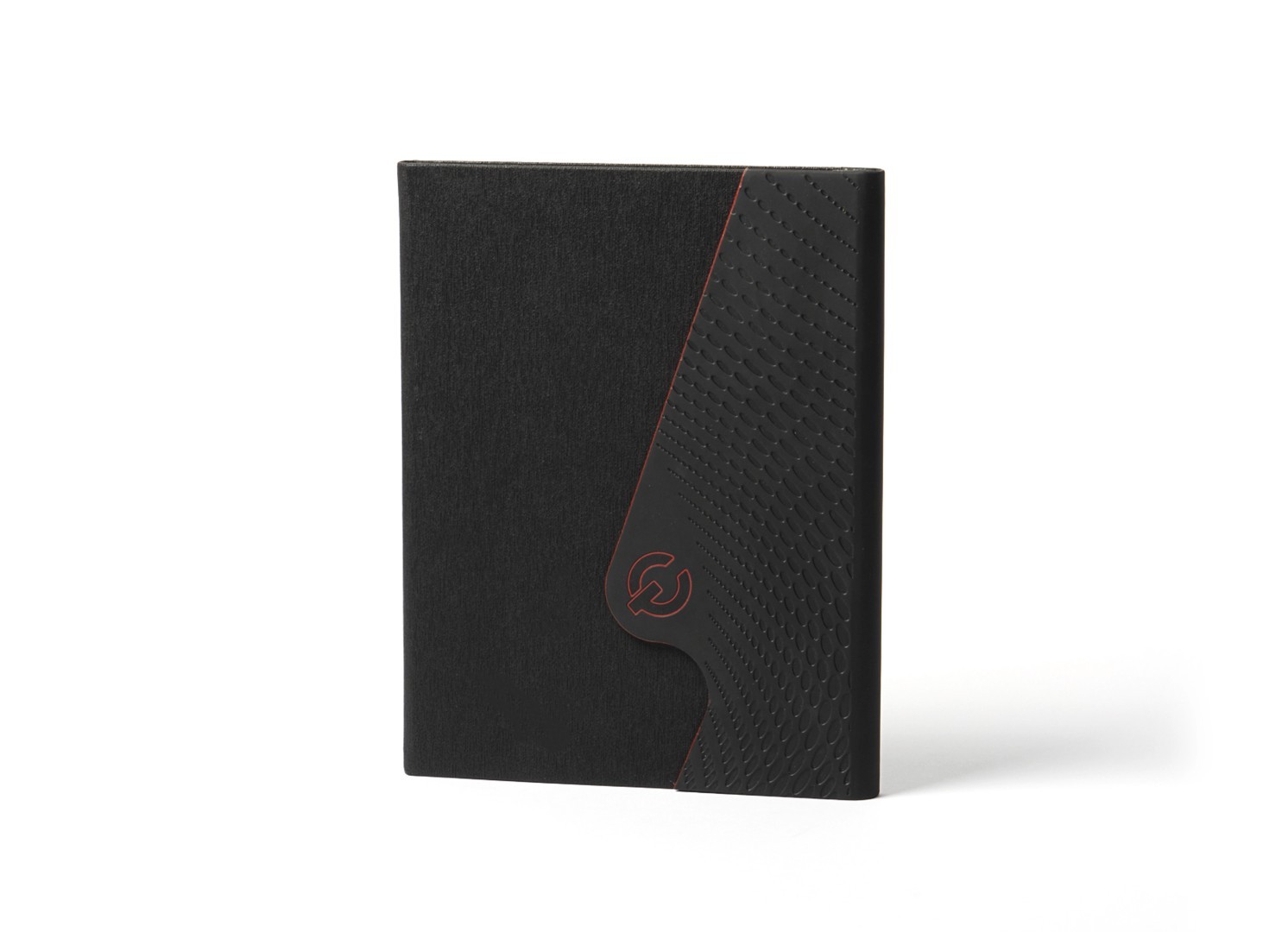 Front view of black notebook with curved patterned flap and red logo accent.
