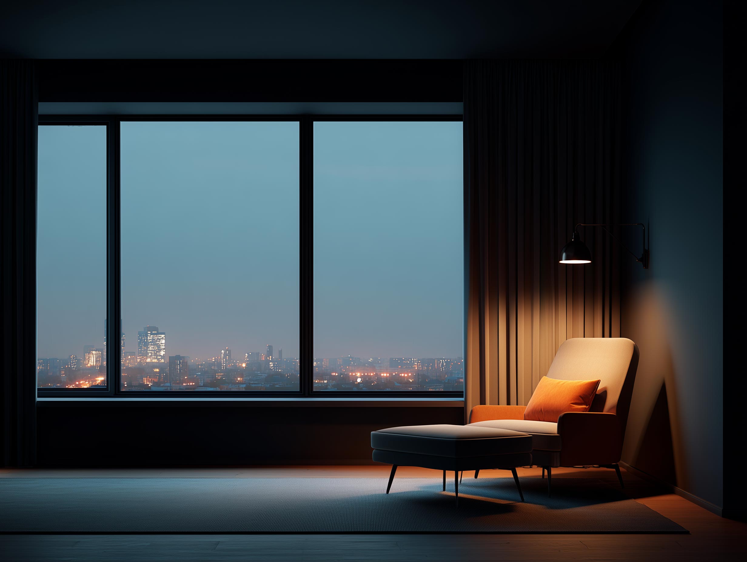 Night interior view with dim ambient light, glowing windows revealing the city skyline.