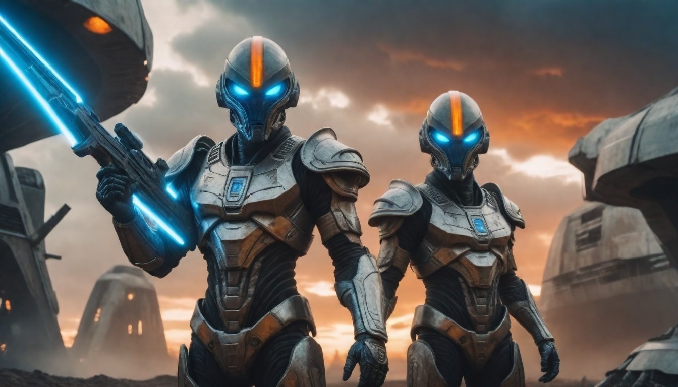 2 alien warriors with glowing blue eyes in futuristic black and metallic armour, 1 is holding a glowing energy rifle.