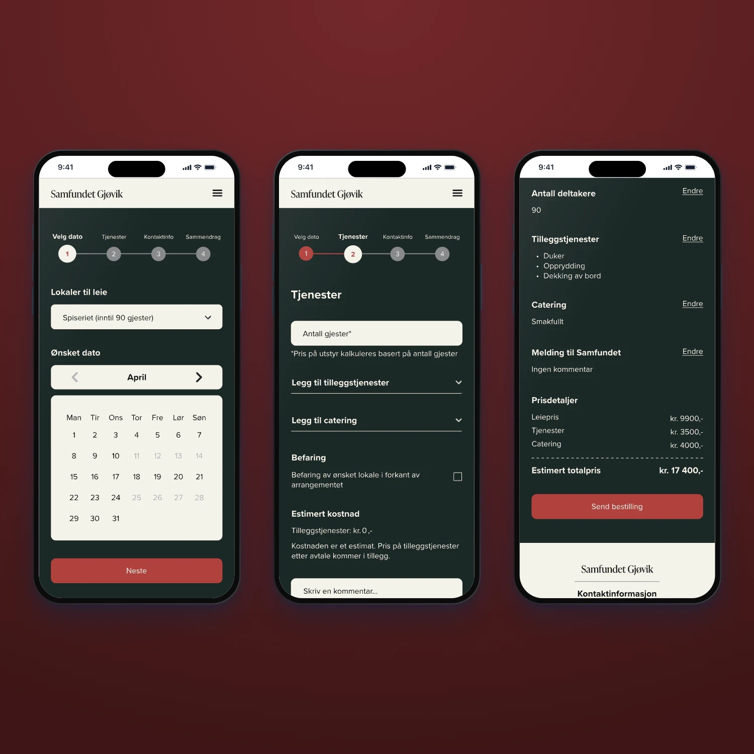 Three high-fidelity booking screens from the Samfundet Gjøvik prototype on phones: choosing a room and date, services with estimated cost, and the summary with the estimated total.