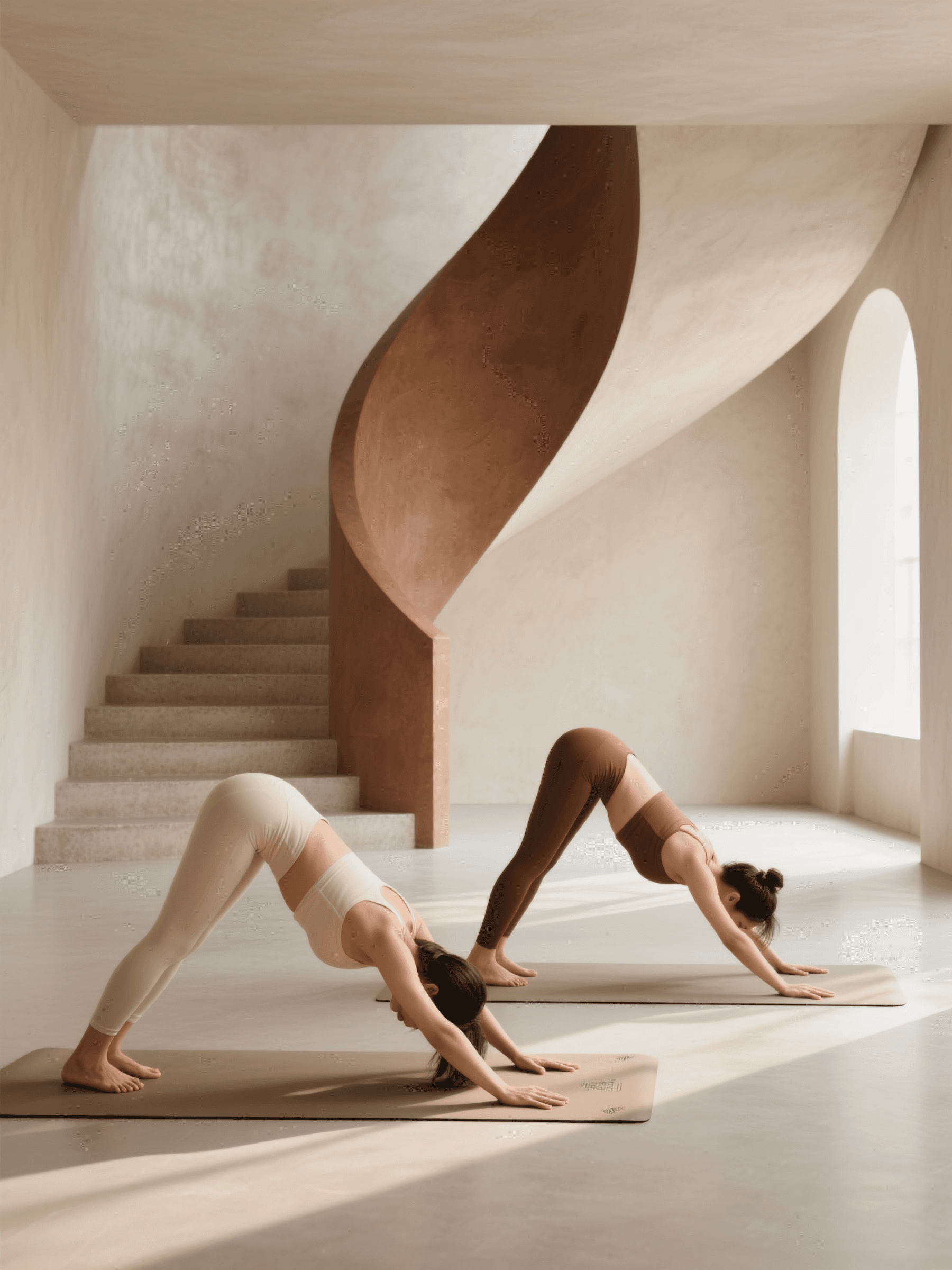Two people practicing yoga in a stylish, modern room with a spiral staircase and neutral tones.