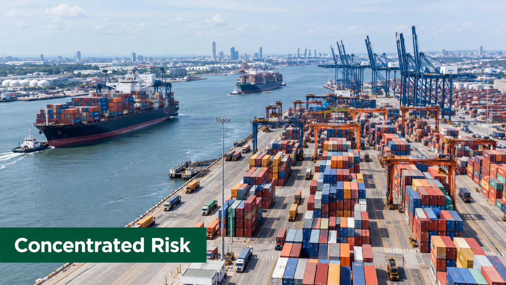 A massive cargo ship navigating a busy commercial harbor filled with shipping containers and industrial port cranes.