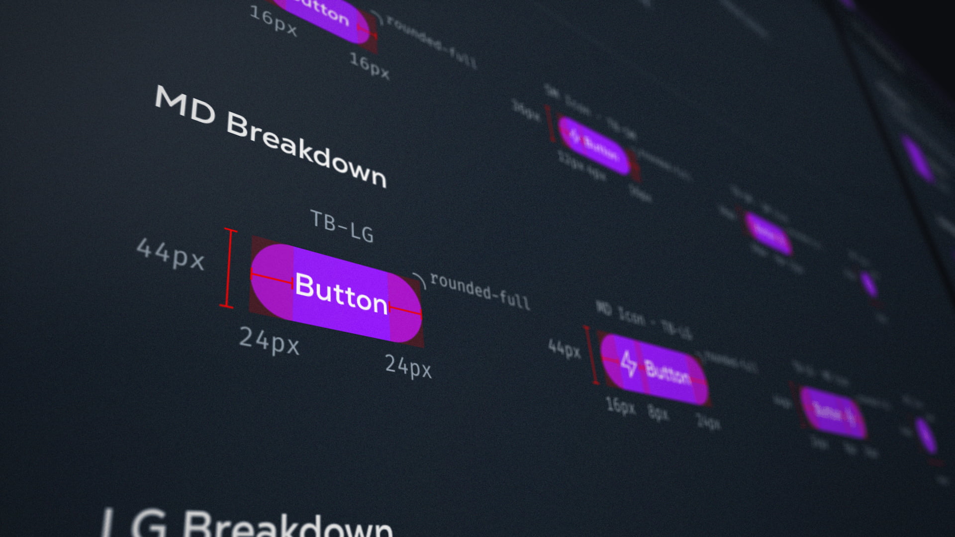 Design system button component breakdown - detailed pixel specifications showing 44px height, 24px padding, and rounded-full border radius for Calaxy UI buttons in Figma