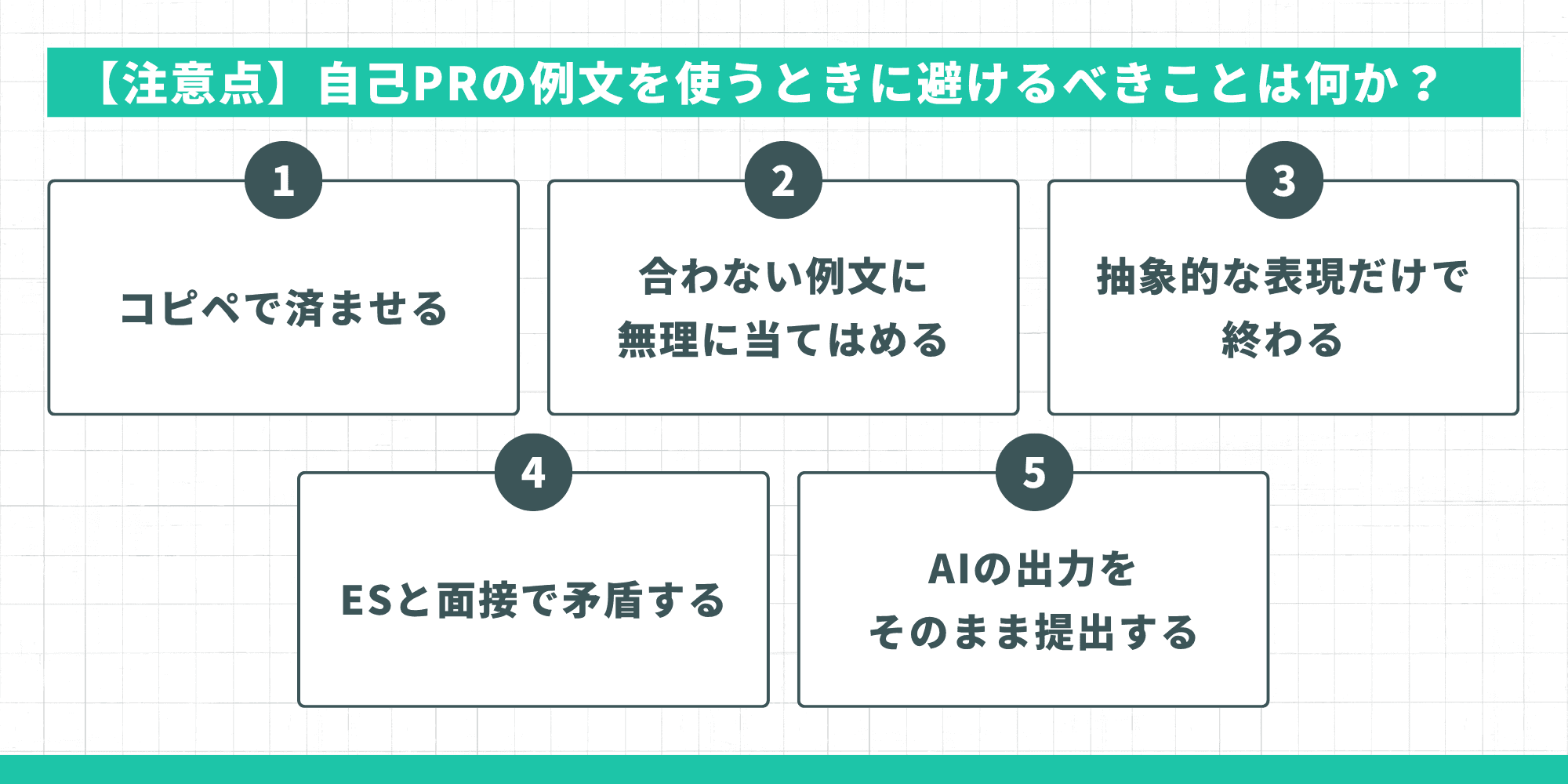 【注意点】自己PRの例文を使うときに避けるべきことは何か?:コピペで済ませる・合わない例文に無理に当てはめる・抽象的な表現だけで終わる・ESと面接で矛盾する・AIの出力をそのまま提出する