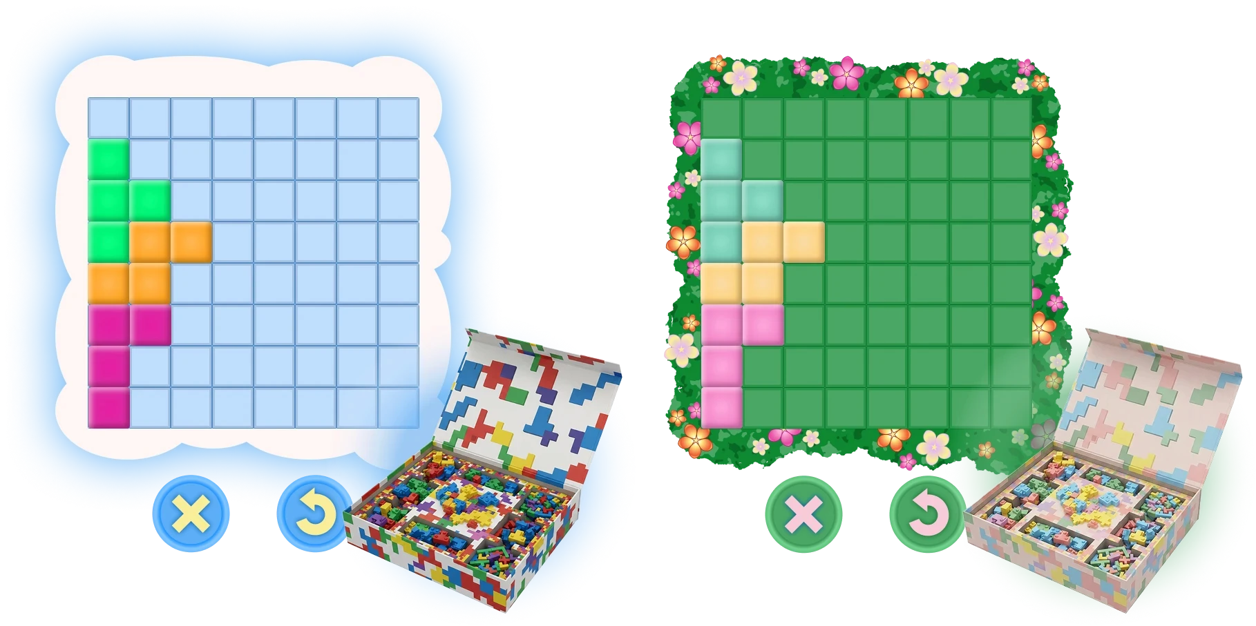 Två block blaster bräden i himmelstema och trädgårdstema.