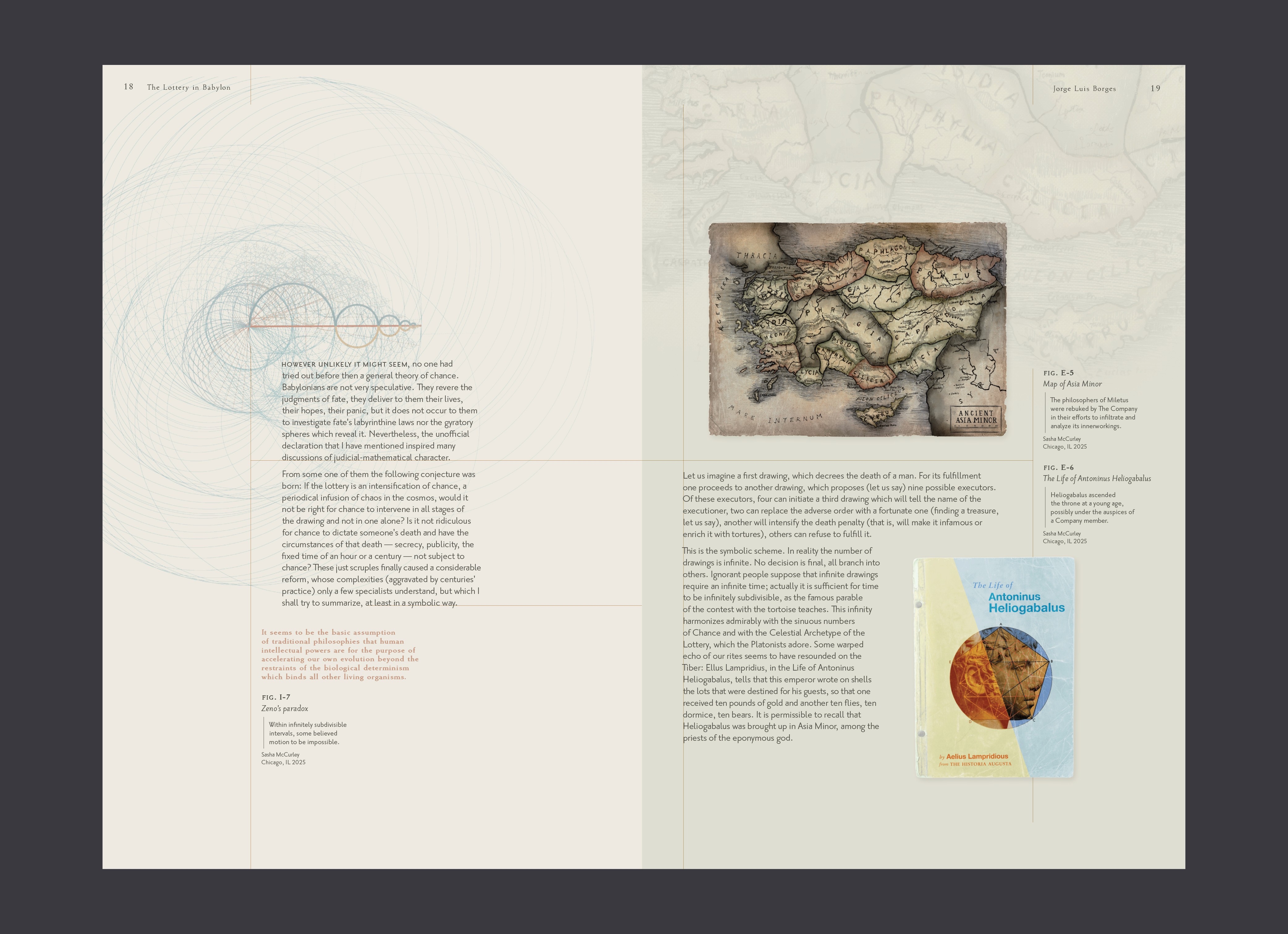 Sample spread showcasing another book cover with geometric structure, a detailed hand-drawn map, and a diagram of Zeno's Paradox.