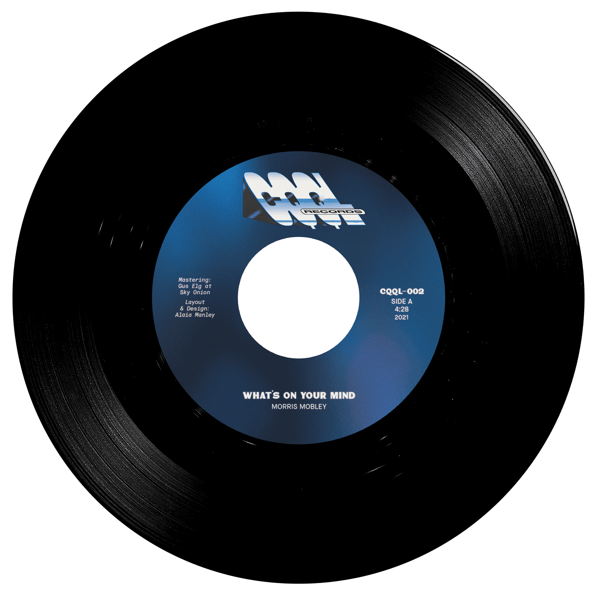 Vinyl record with a blue label on a white background