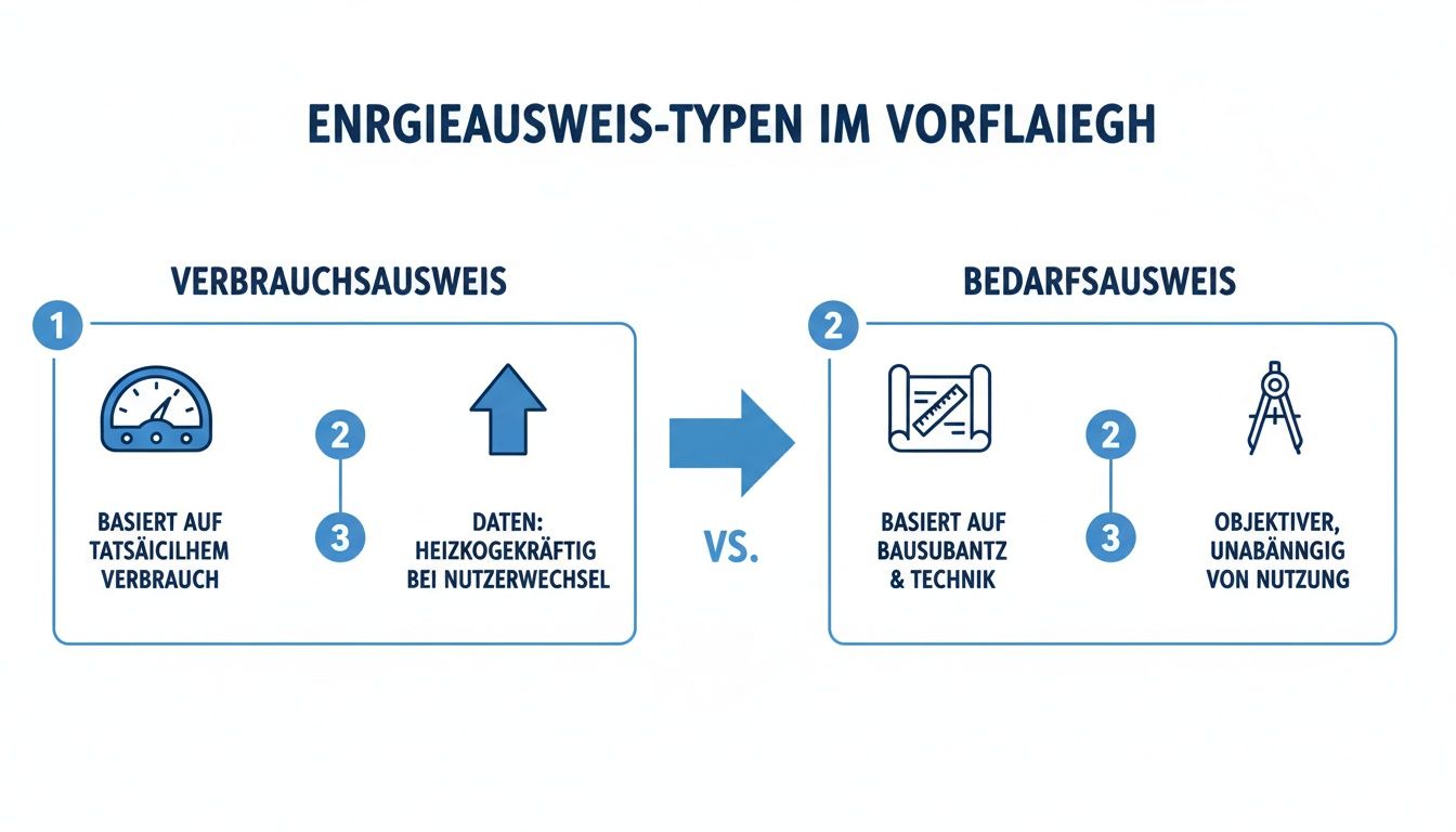 Infografik: Vergleich der Energieausweis-Typen Verbrauchsausweis (basierend auf Verbrauch) und Bedarfsausweis (basierend auf Bausubstanz).