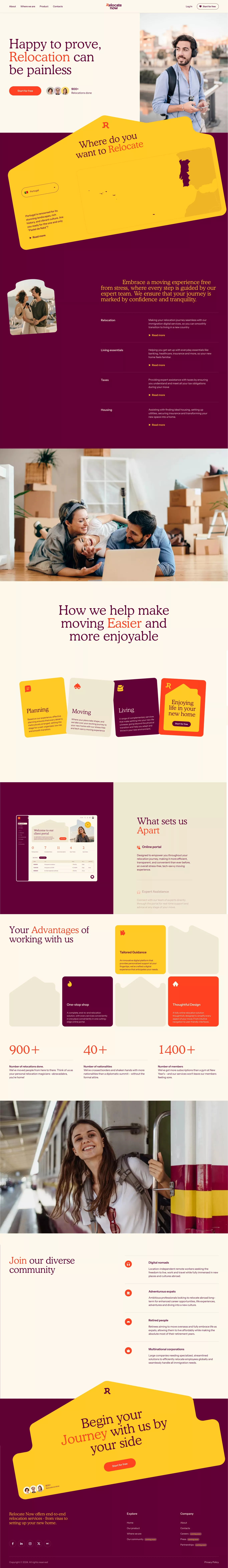 Relocate now landing page screenshot showcasing Travel and Tech design
