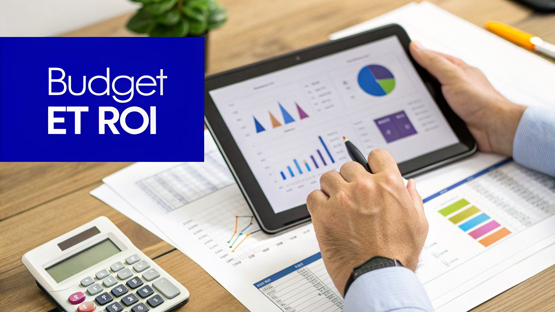 Une personne analyse des graphiques de budget et de ROI sur une tablette et des documents financiers sur un bureau.