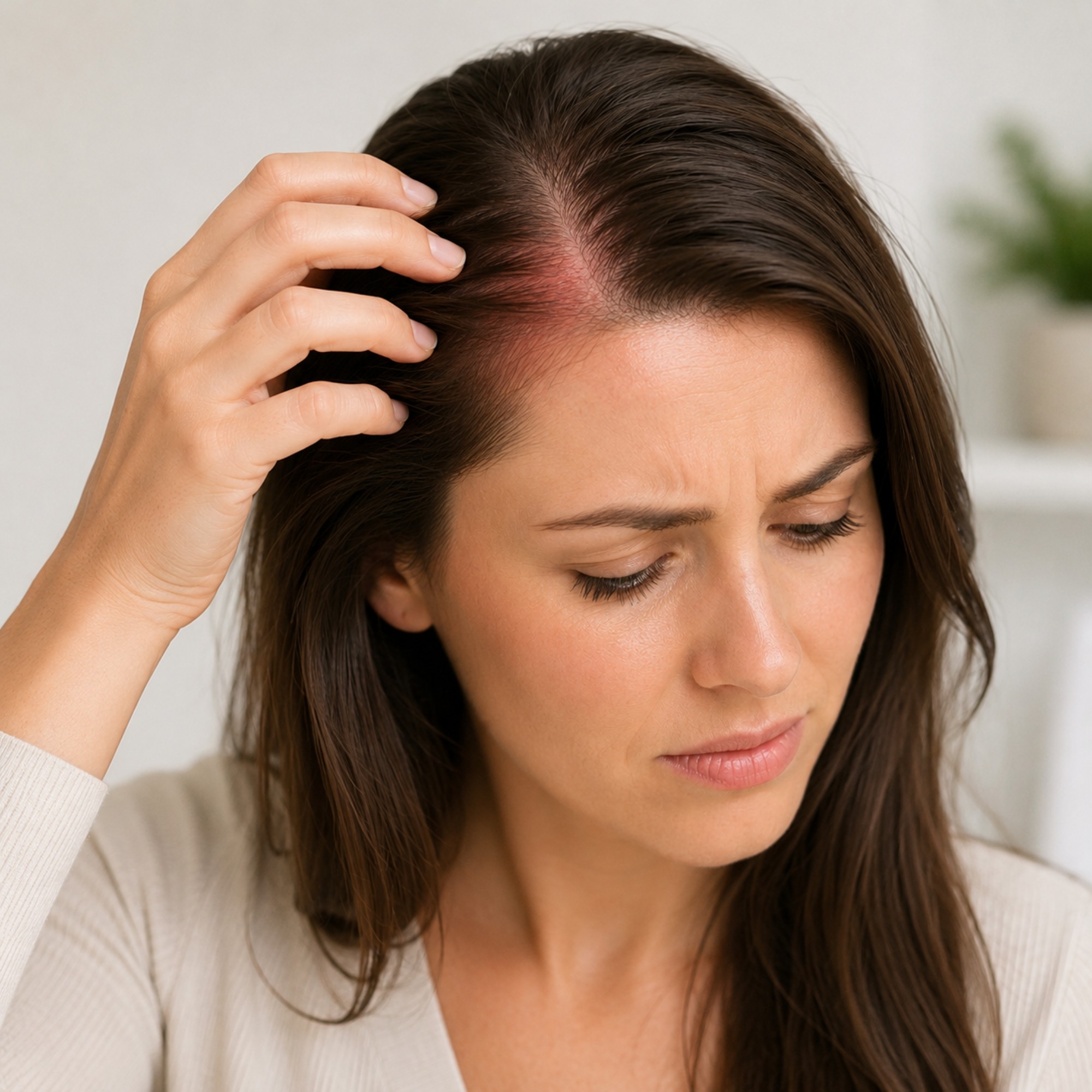 Nederlandse vrouw raakt voorzichtig haar hoofdhuid aan op een plaats met lichte irritatie, jeuk of roodheid van de hoofdhuid.