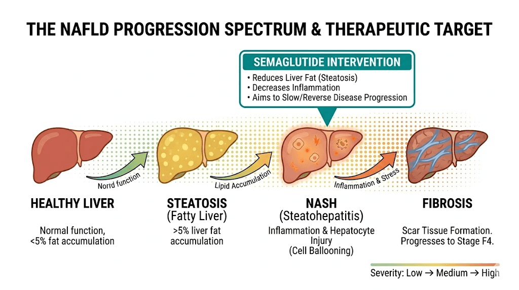 NAFLD disease progression stages and where semaglutide treatment intervenes