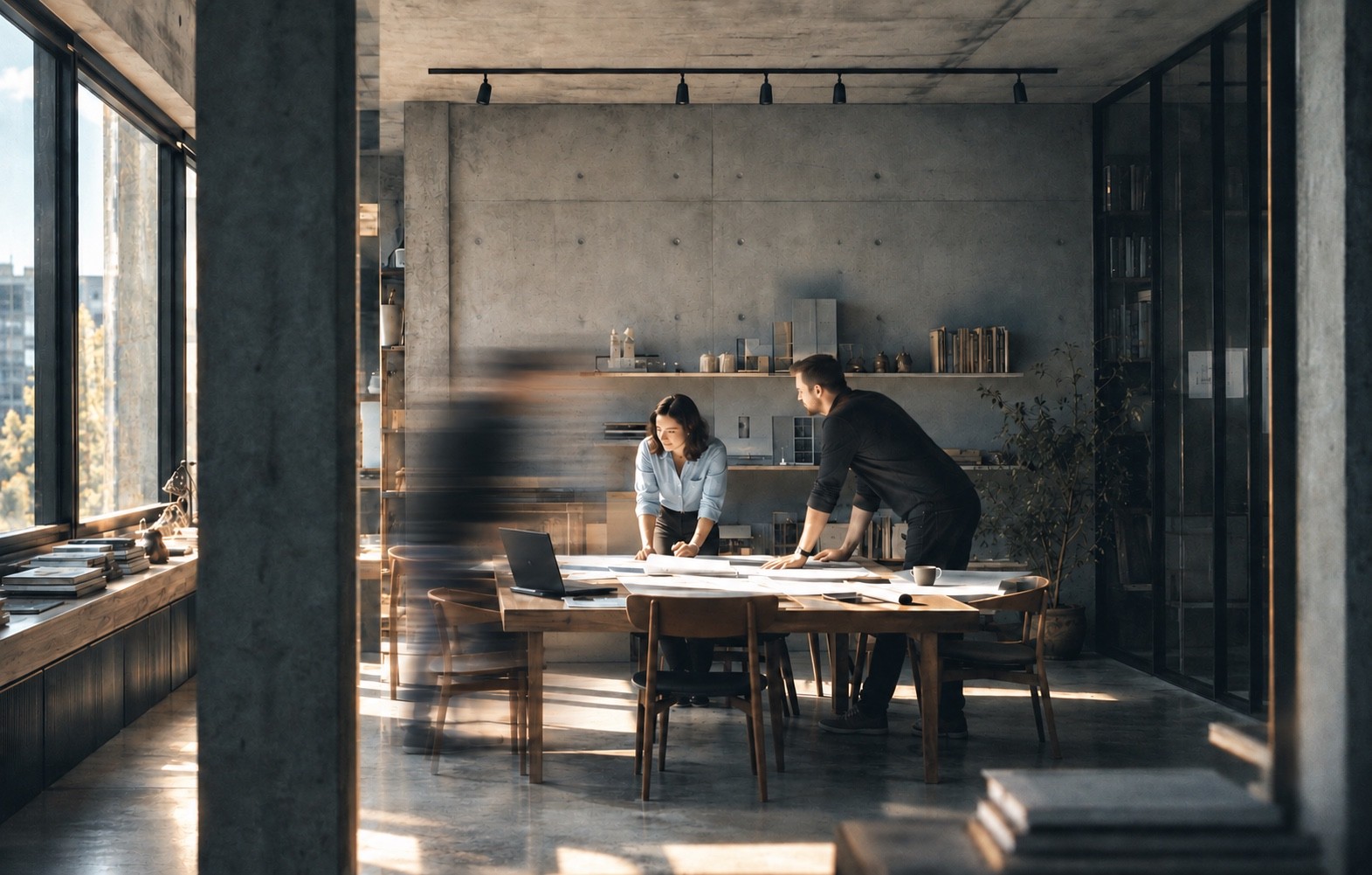 AI-generated working session in a sunlit studio