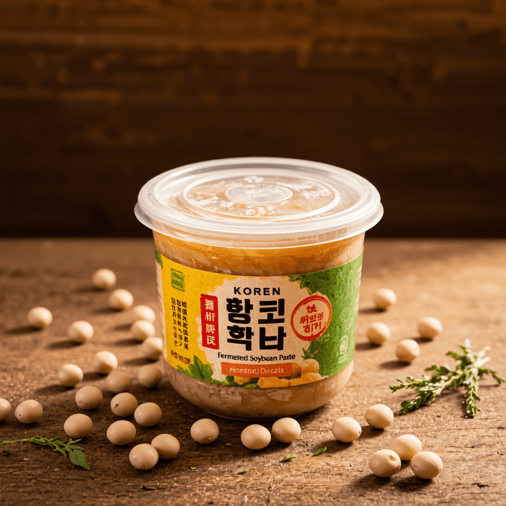 product photography of a container of fermented soybean paste used for cooking