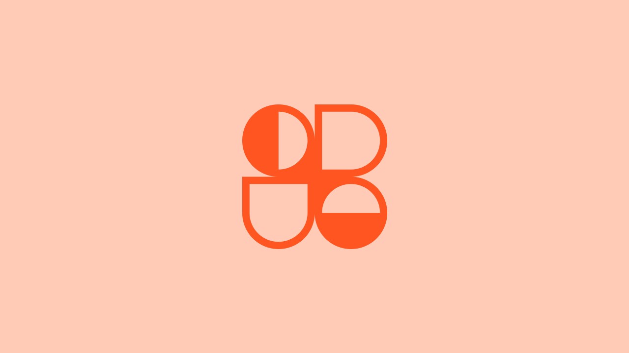 Abstract ODE logomark in red-orange—four simple shapes (a half-circle, a D, a U, and a half disc) arranged in a square—set against a pale peach backdrop.