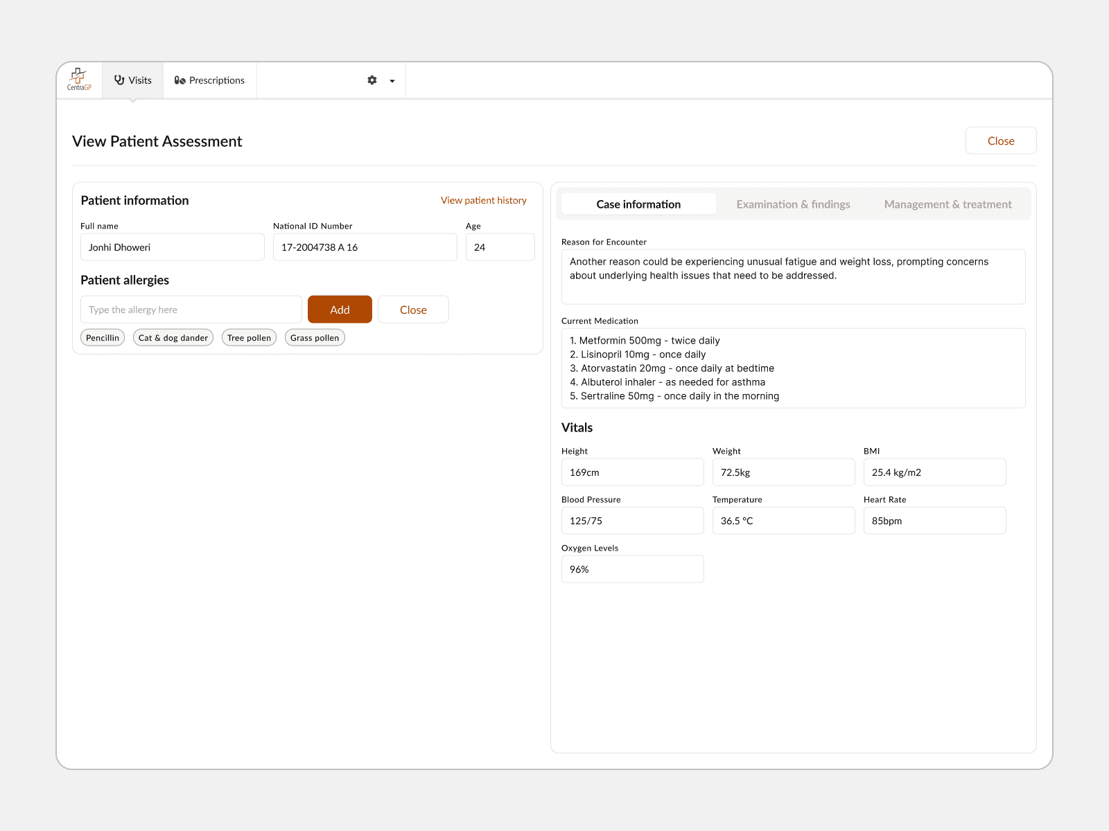 A screenshot of a clinician viewing the assessment of a patient.