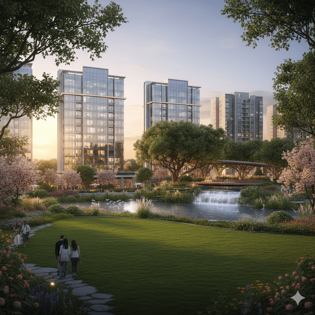 Lush landscaped green gardens and water features surrounding modern architectural towers