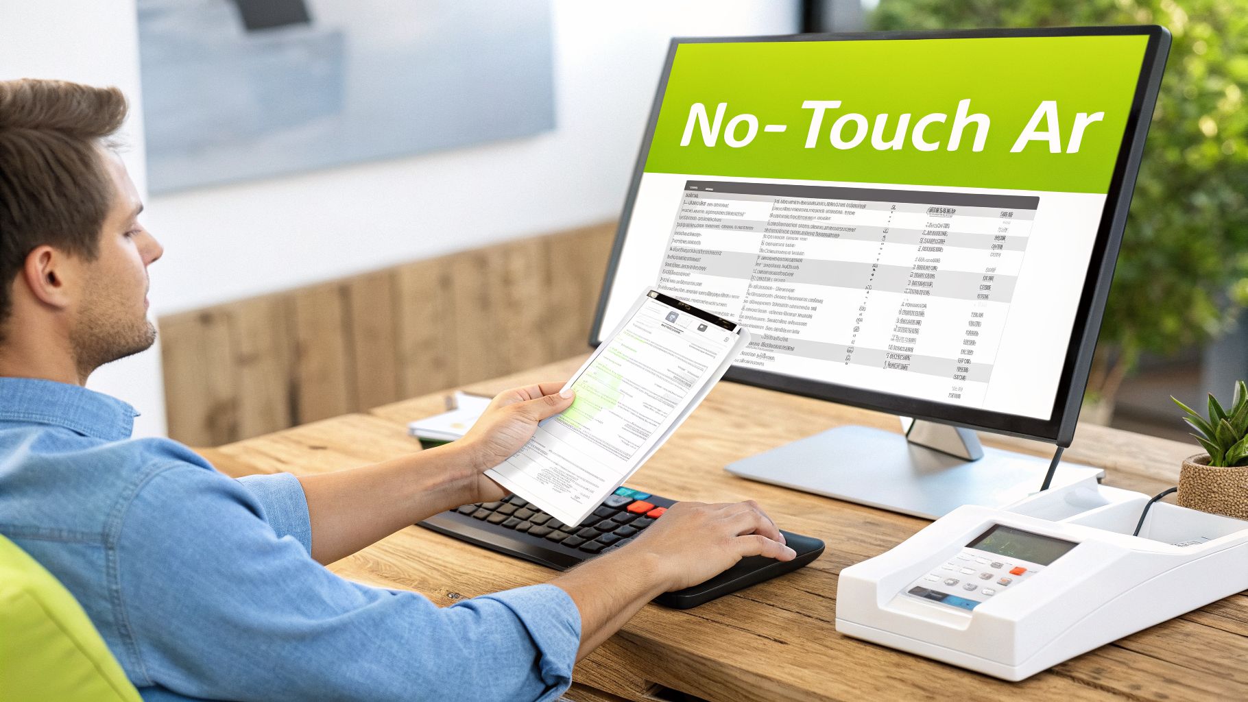 Man processes documents using a 'No-Touch Ar' system, holding paper while viewing a computer monitor.