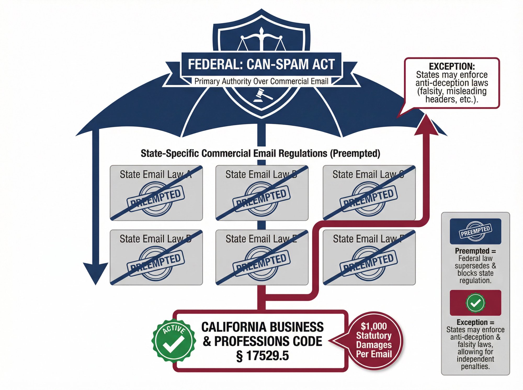 Diagram showing CAN-SPAM federal law preempting state laws with California carve-out for deception enforcement