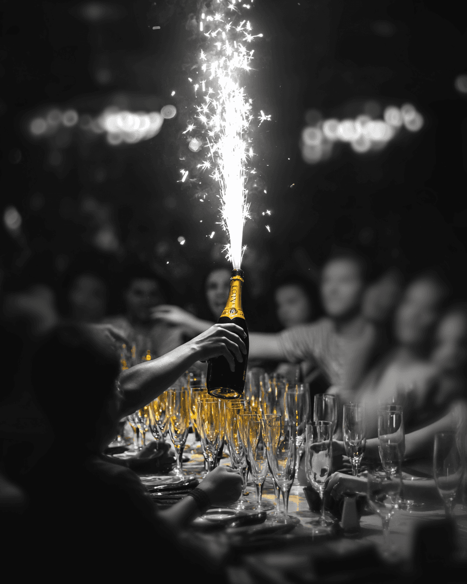 Bottle service sparkler exploding at a VIP table, crowd blurred in background