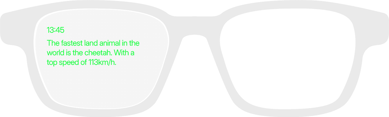 Sillhouette of Halo X displaying proactive AI assistant text "The fastest land animal in the world is the cheetah. With a top speed of 113km/h." and the time of "13:45"