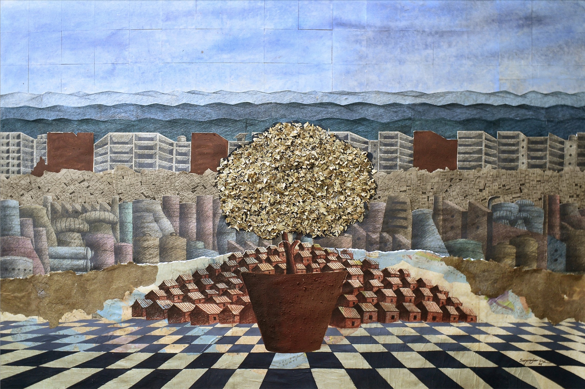 herd of sheep on road painting