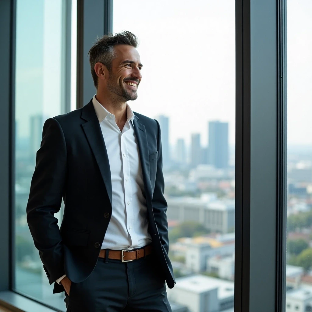 Un adulte souriant en tenue professionnelle décontractée, debout devant une baie vitrée. Son expression reflète la confiance et la fierté d’un parcours accompli.