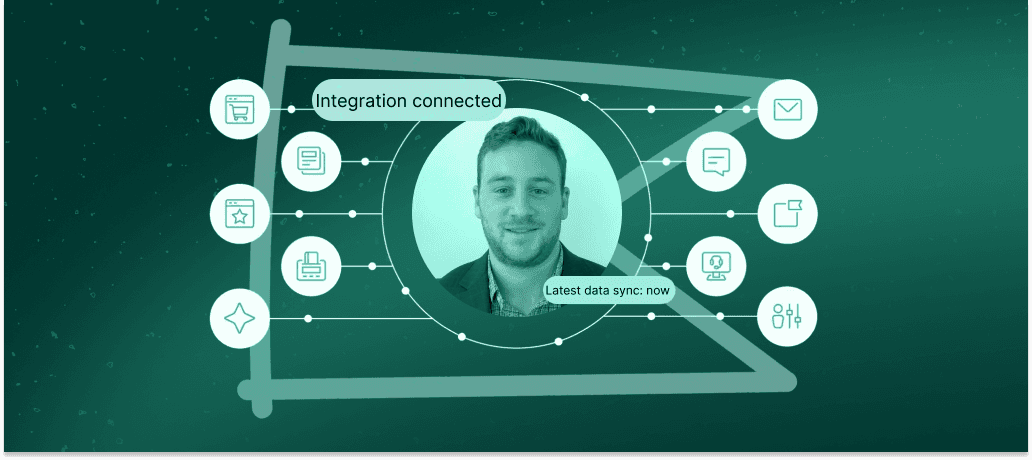 Profile photo centered within a network of icons showing integrations, data syncing, email, and productivity tools.