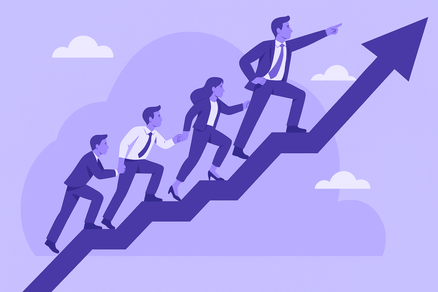 A flat-style digital illustration showing a leader guiding a team of workers climbing an upward graph, symbolizing teamwork, progress, and collective growth.