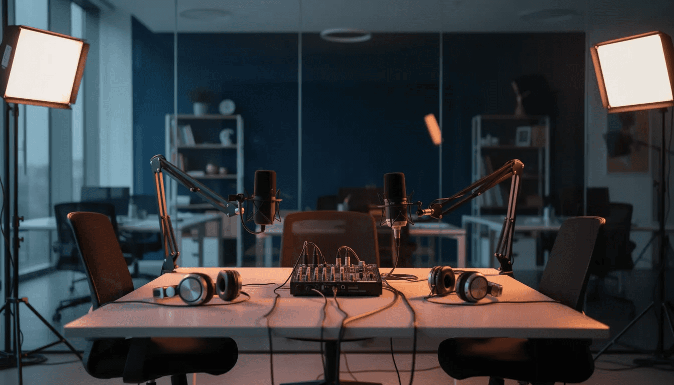 L'image représente un bureau moderne transformé en plateau de tournage pour un podcast, avec des nuances de bleu nuit profond et d'orange vif. On y voit un espace accueillant, prêt pour des enregistrements audio et vidéo, illustrant la stratégie de communication des entreprises souhaitant améliorer leur visibilité sur les réseaux sociaux.