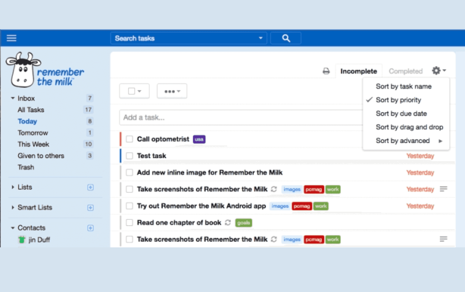 visual task management in Remember the Milk