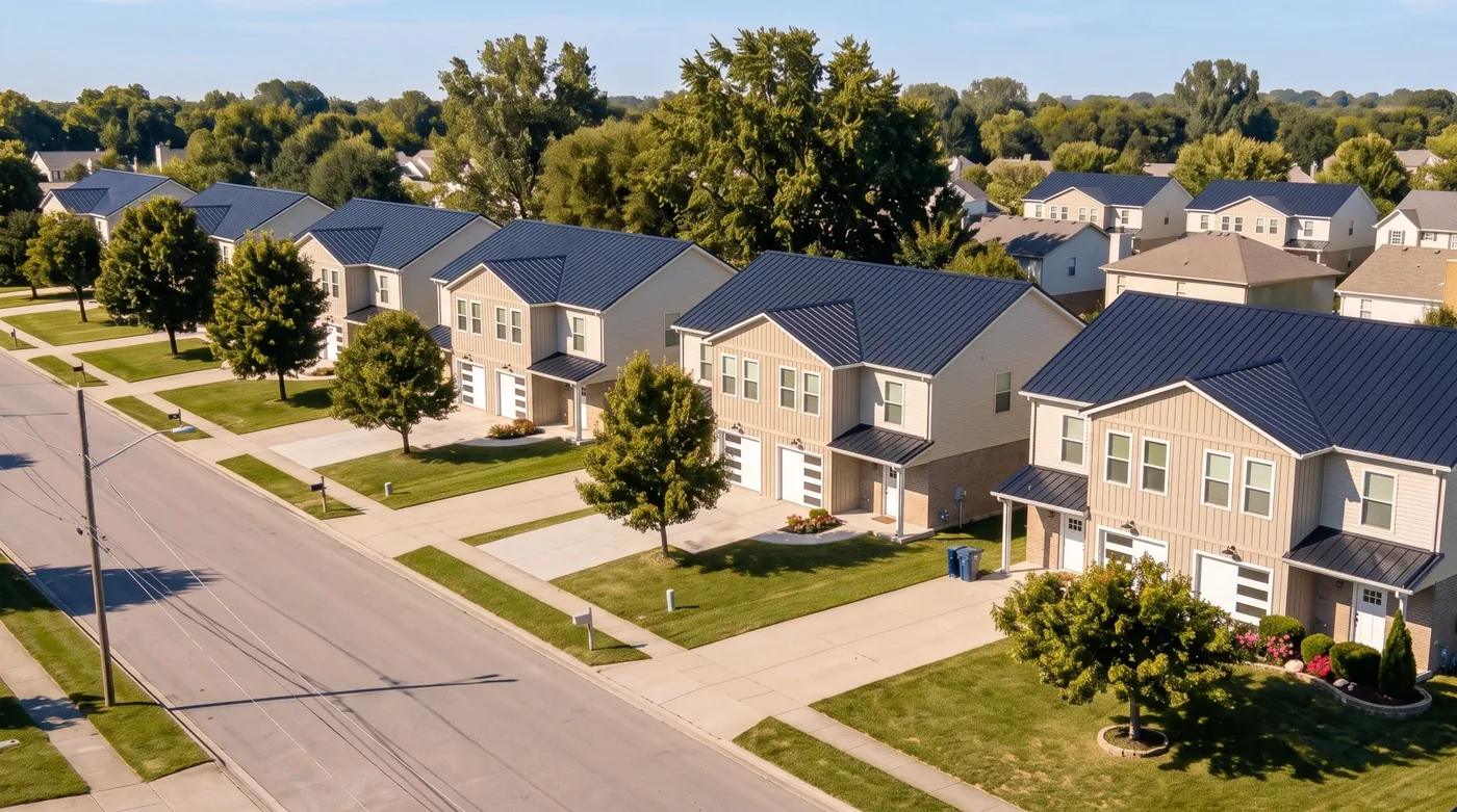 Row of newly built two-story townhomes with metal roofs and attached garages