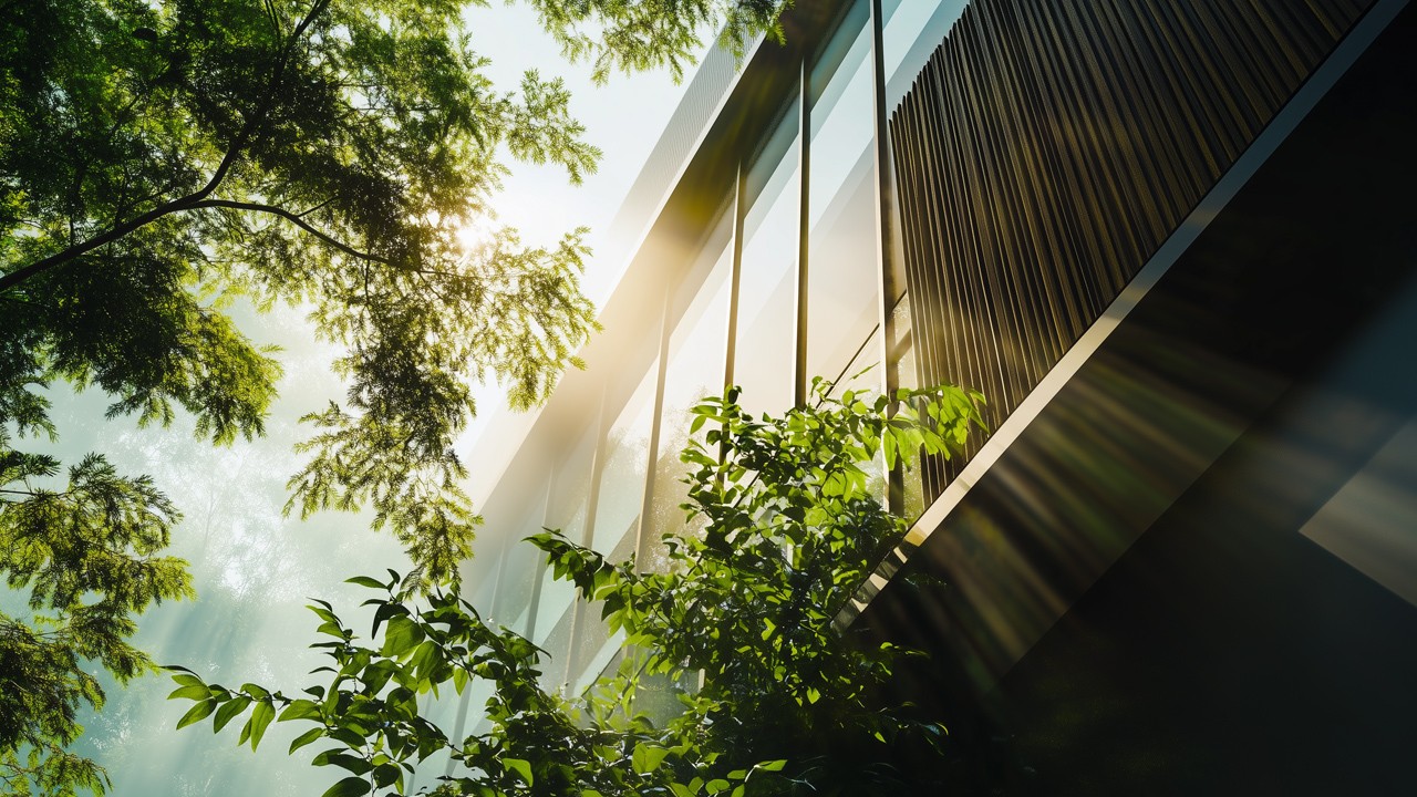 Sunlight streaming through lush green trees, casting shadows on a modern architectural building with glass panels and vertical wooden slats.