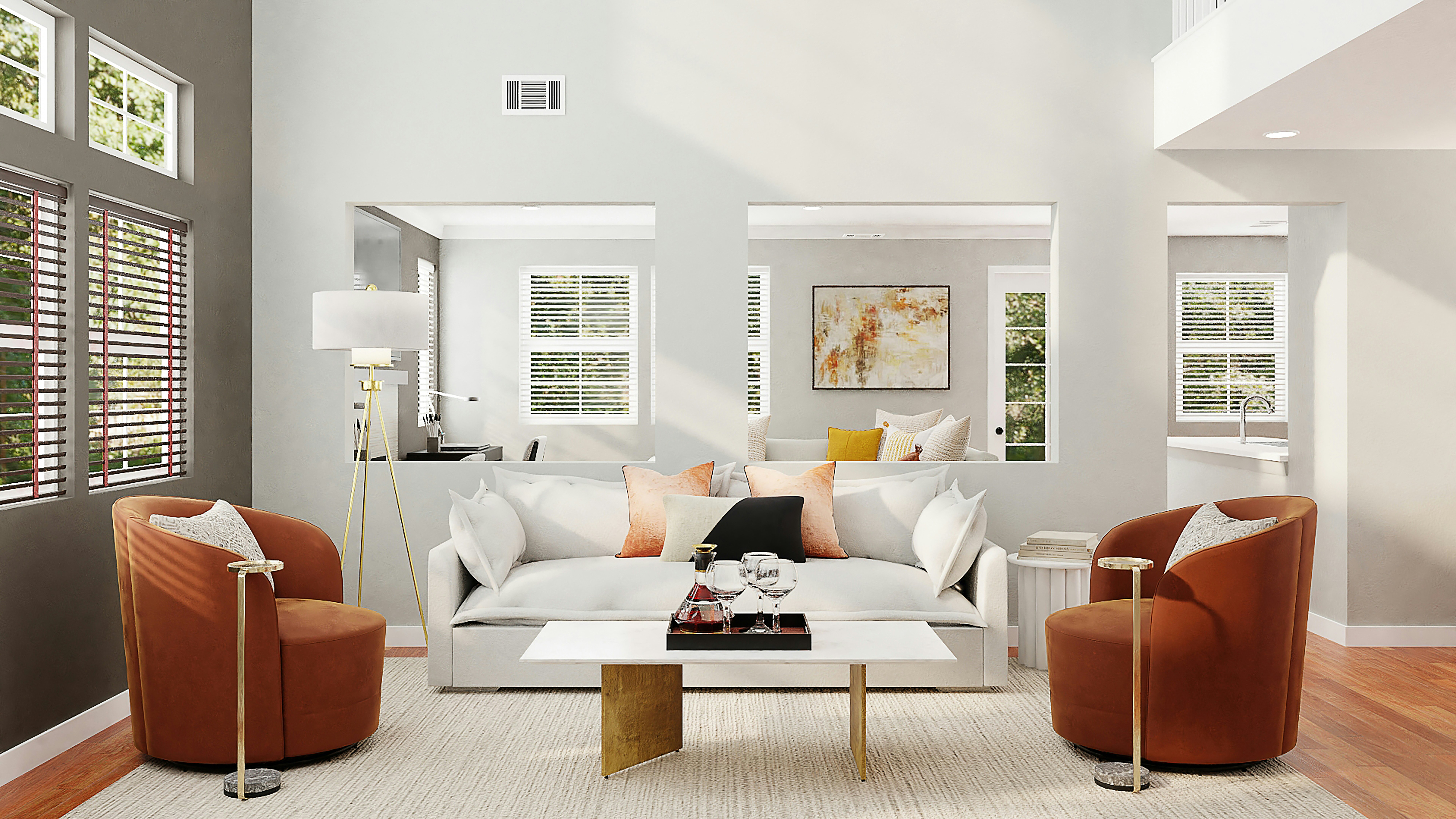 Contemporary living room with terracotta chairs, white sofa, and gold accents