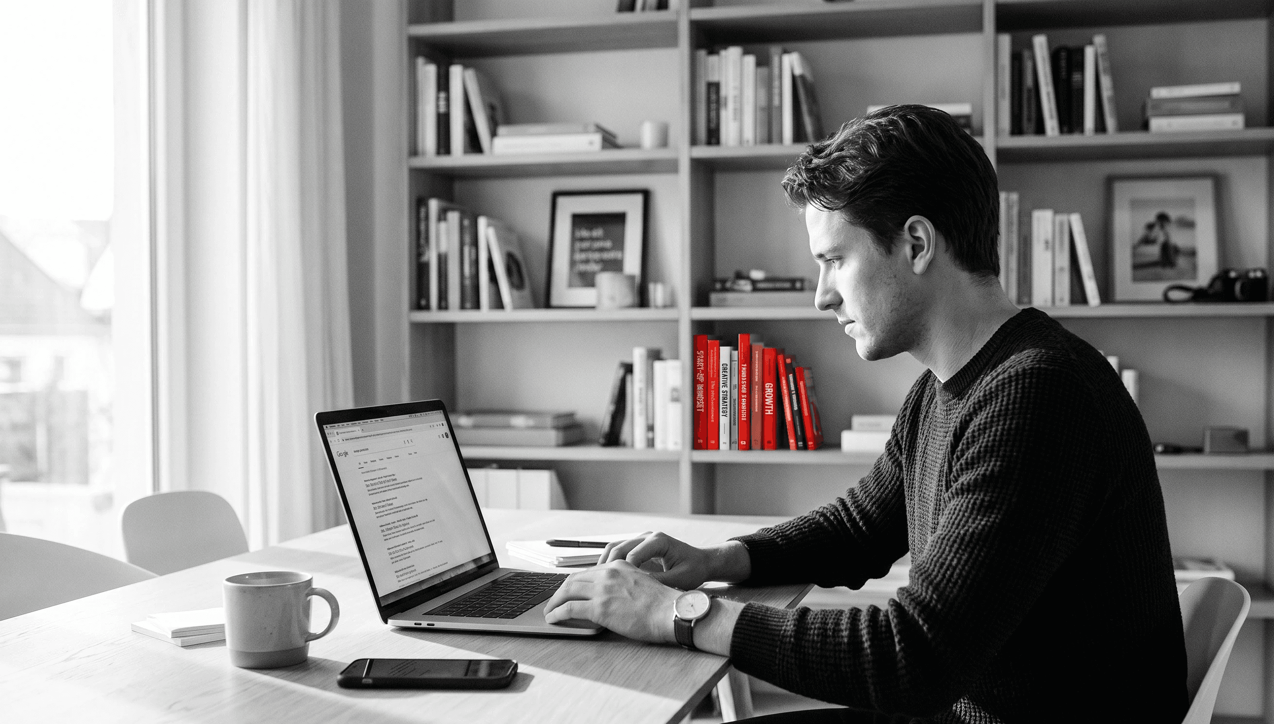 Small business owner at a desk reviewing search engine results on a laptop while considering whether to run Google Ads