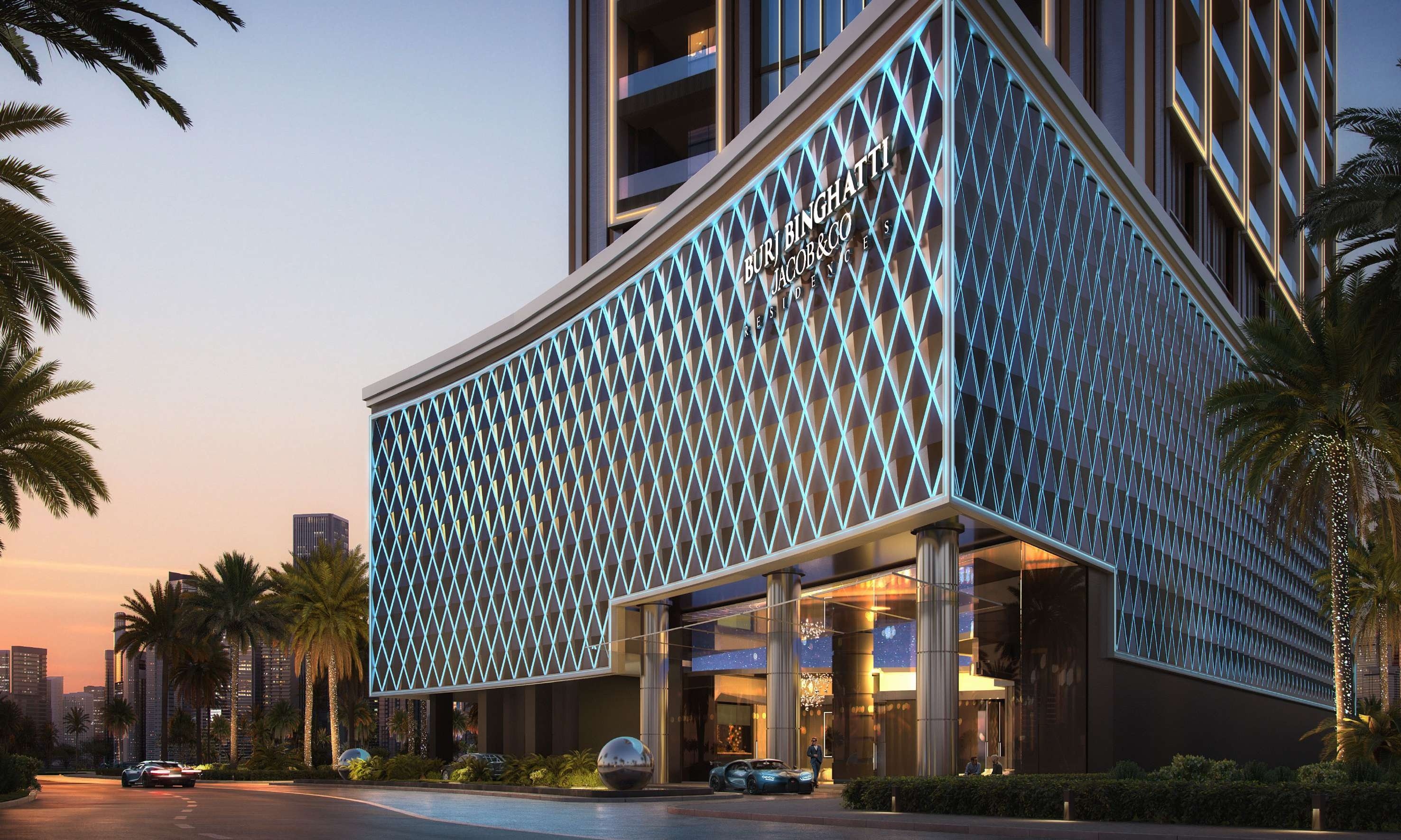 Burj Binghatti Jacob & Co sky lounge render with panoramic Dubai skyline views. Explore luxury property investments and buy with crypto via Tylt.