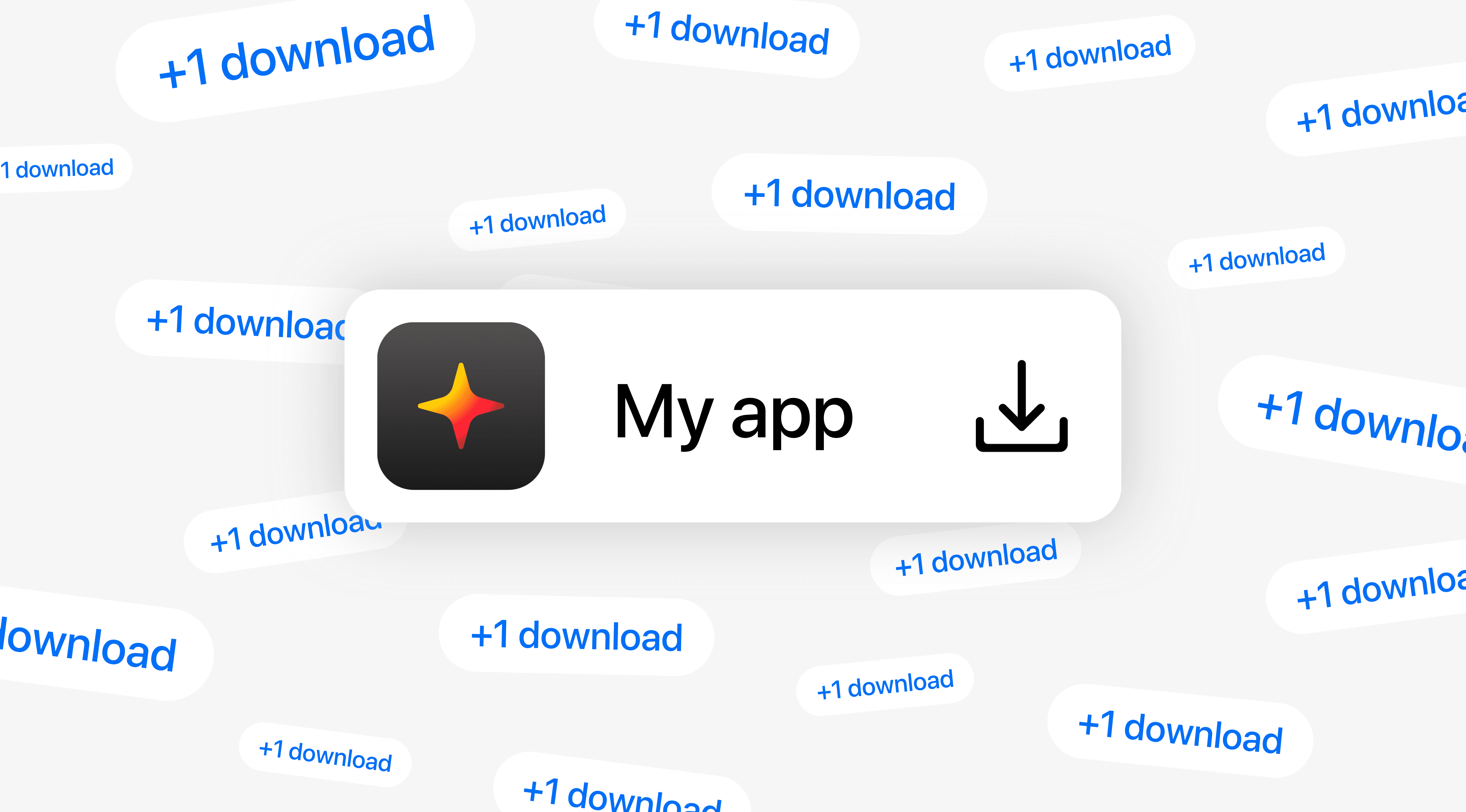 A floating mobile app download popup window labeled "My app" set against a background pattern of repeating "+1 download" floating text tags.