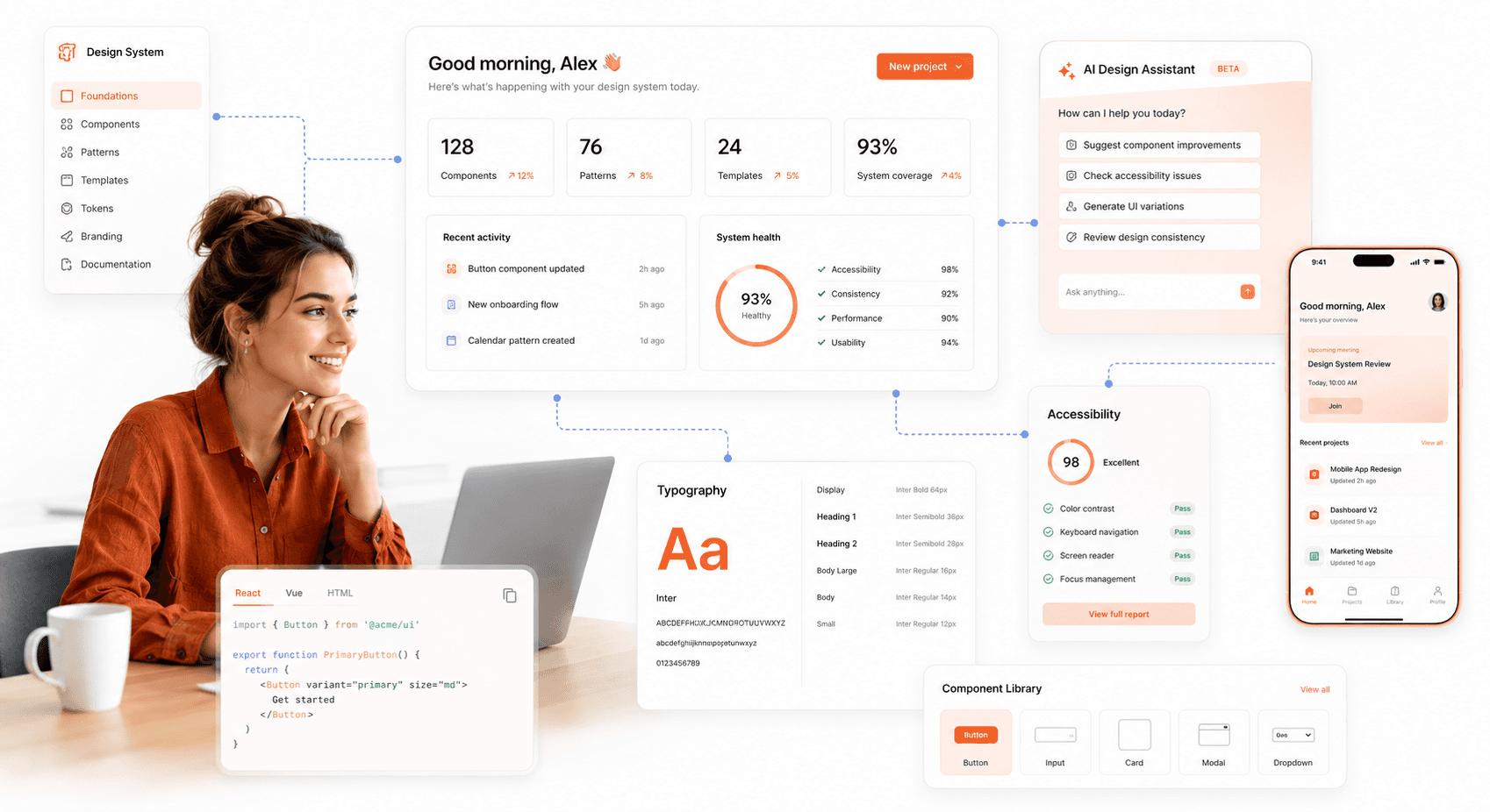 What is UI design — modern SaaS interface with dashboards, design systems, and AI workflows