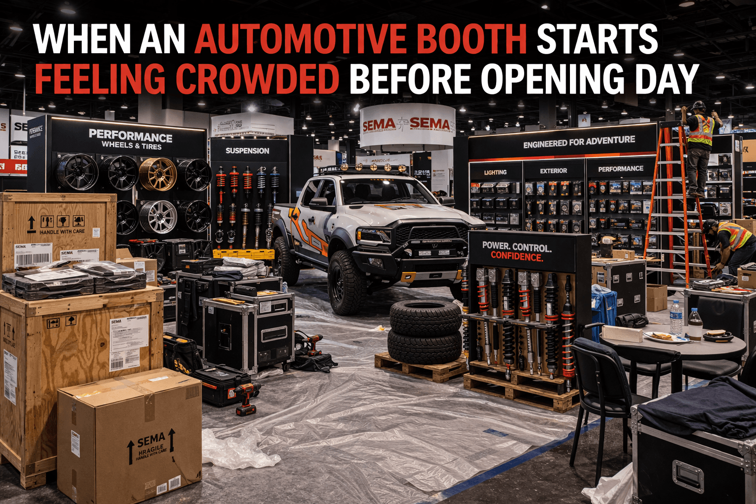 SEMA automotive booth in Las Vegas during setup with a display vehicle, product crates, tools, and crowded install staging before opening day