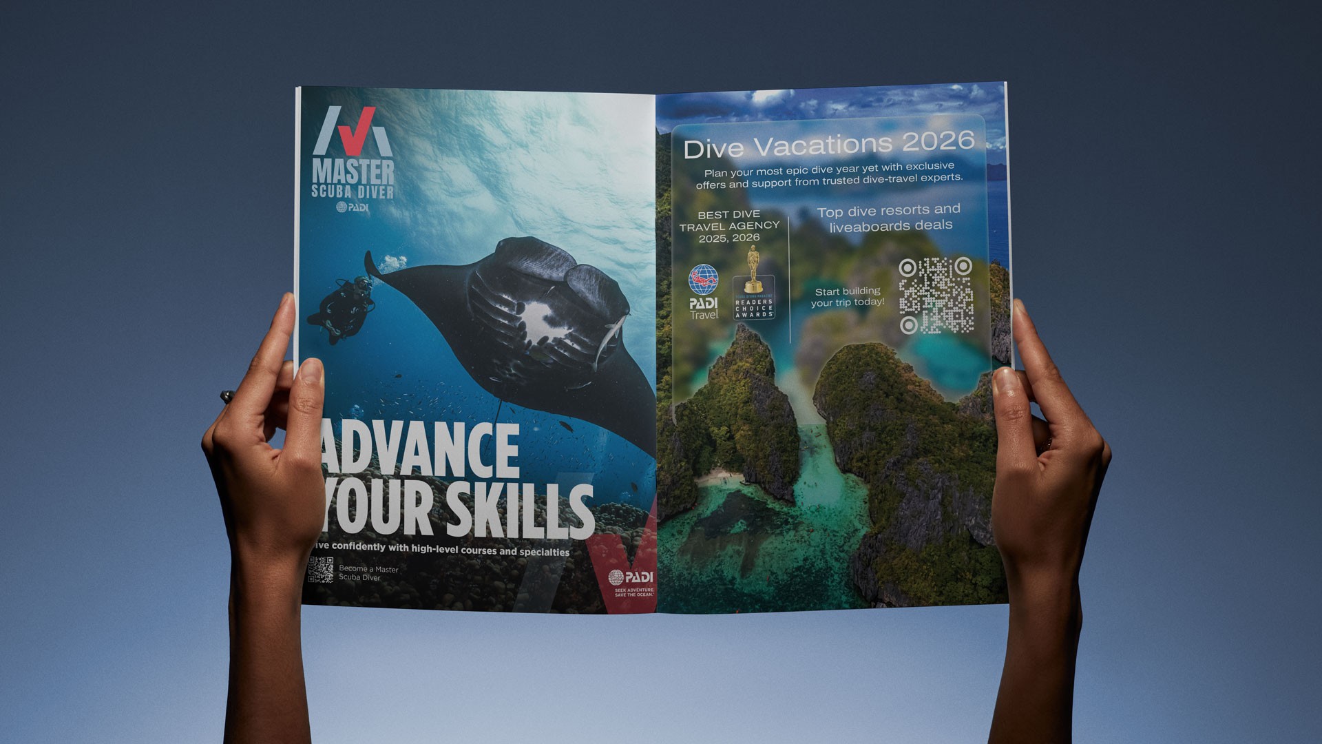 Print campaign spread for the Master Scuba Diver challenge featuring underwater photography, adventure-focused editorial layouts, and achievement-driven branding across skill advancement and travel-themed content.