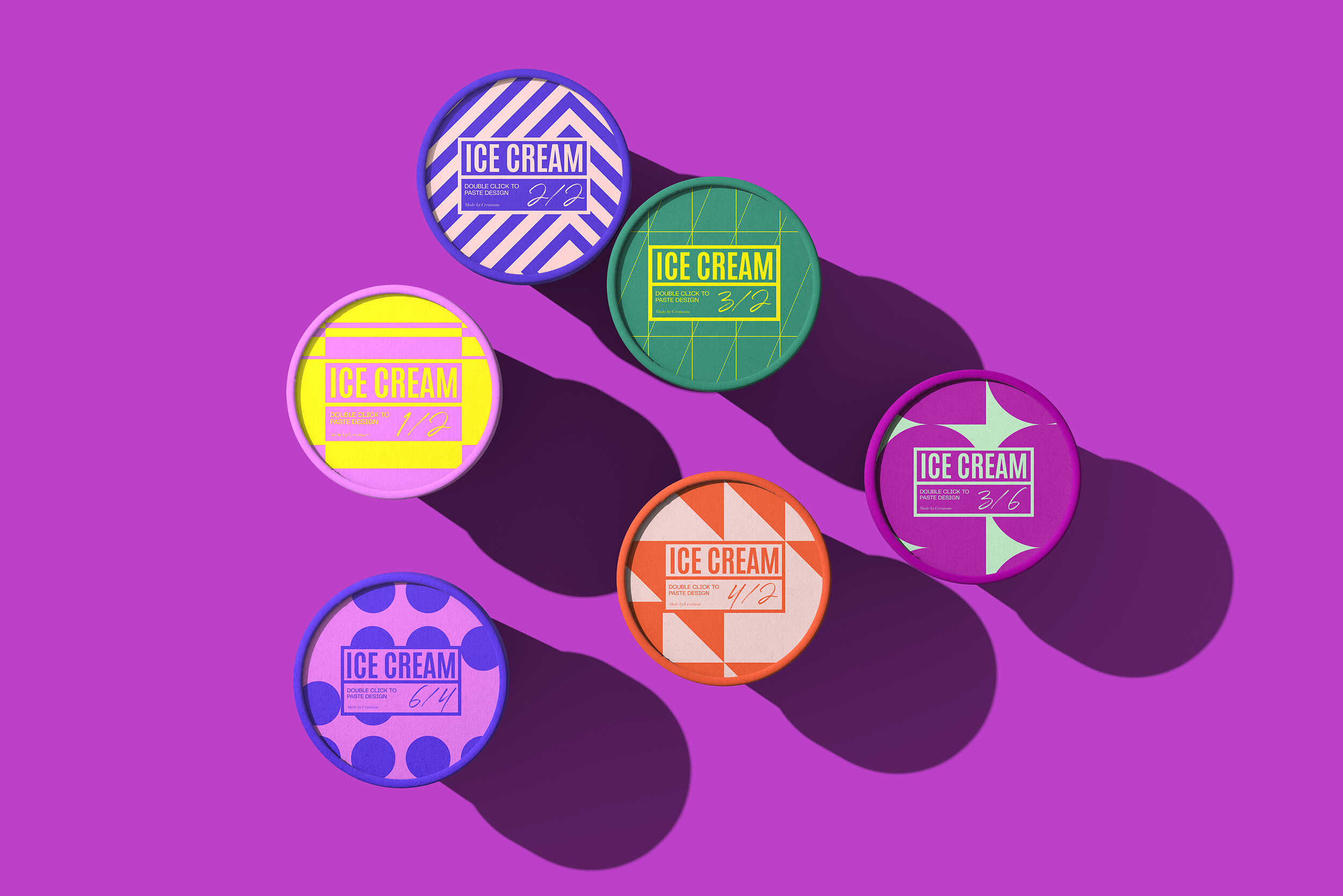 Top down view of ice cream tub lids arranged in circular layout on lavender background