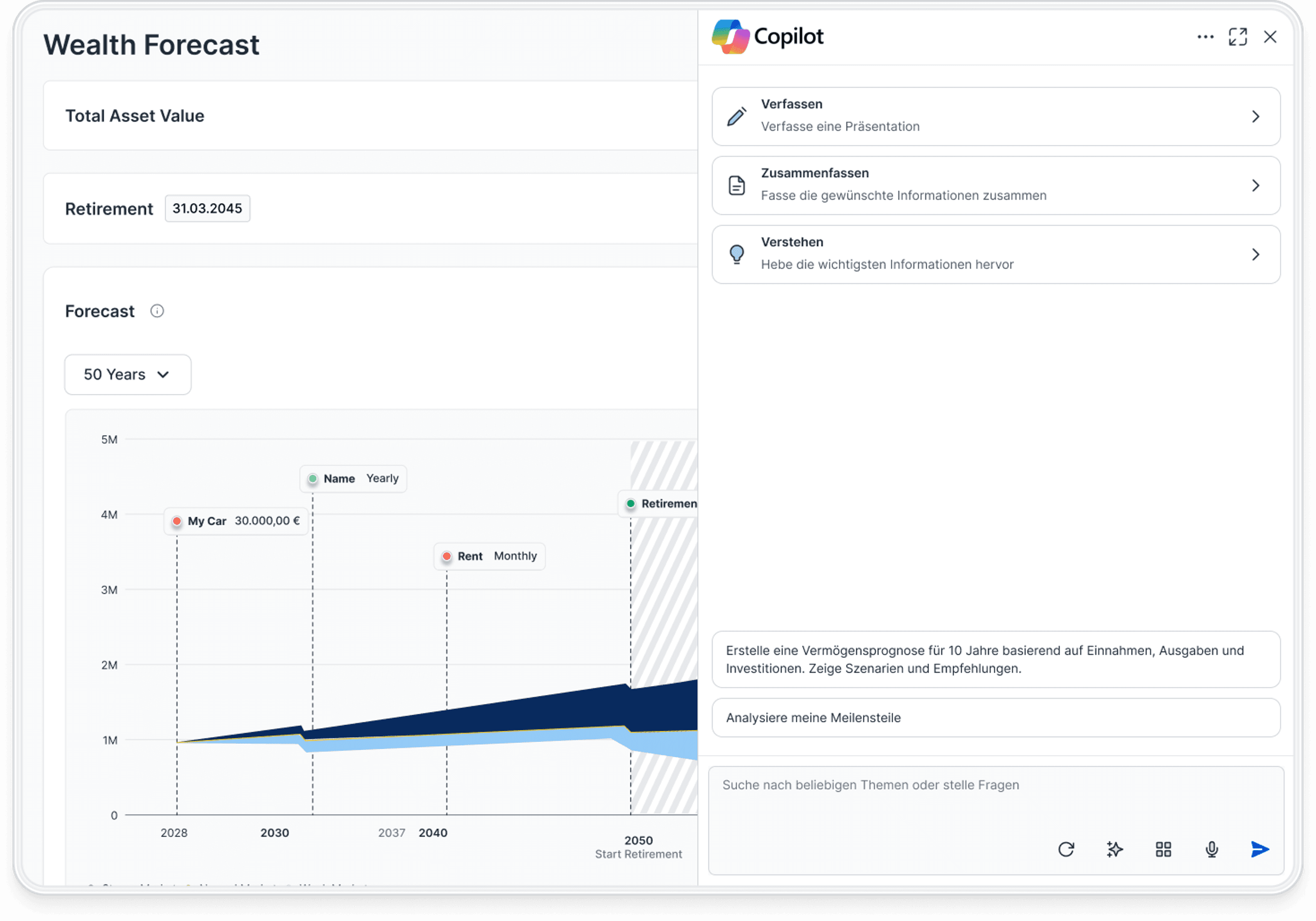 Fincite CIOS Wealth Forecast – Intelligente Vermögensprognose mit Microsofts Copilot-Integration für Finanzinstitute. Detaillierte Simulation zukünftiger Finanzentwicklungen basierend auf Einnahmen, Ausgaben und Investitionen.