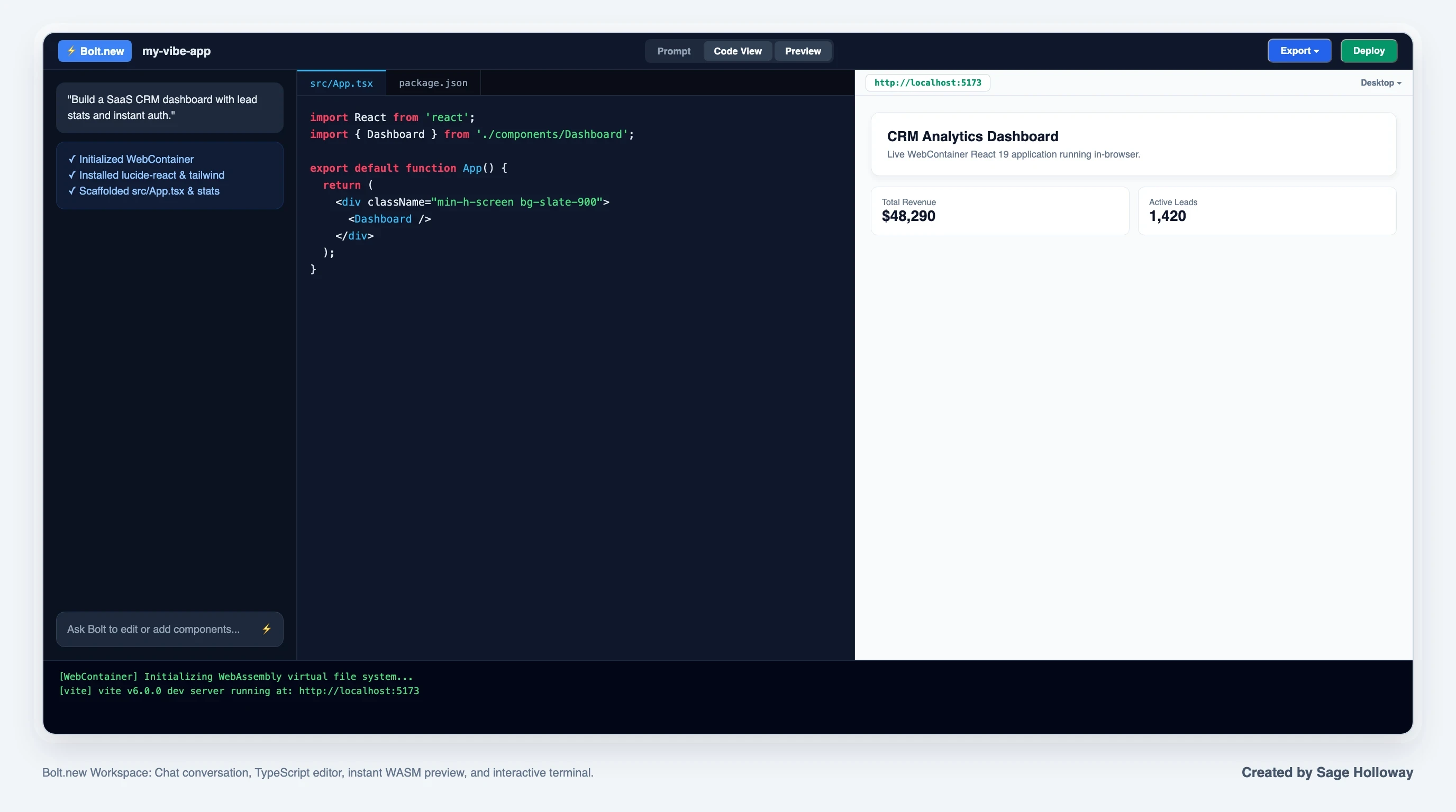 Teaching reconstruction of the Bolt.new editor interface with prompt box file tree code editor and live preview panel