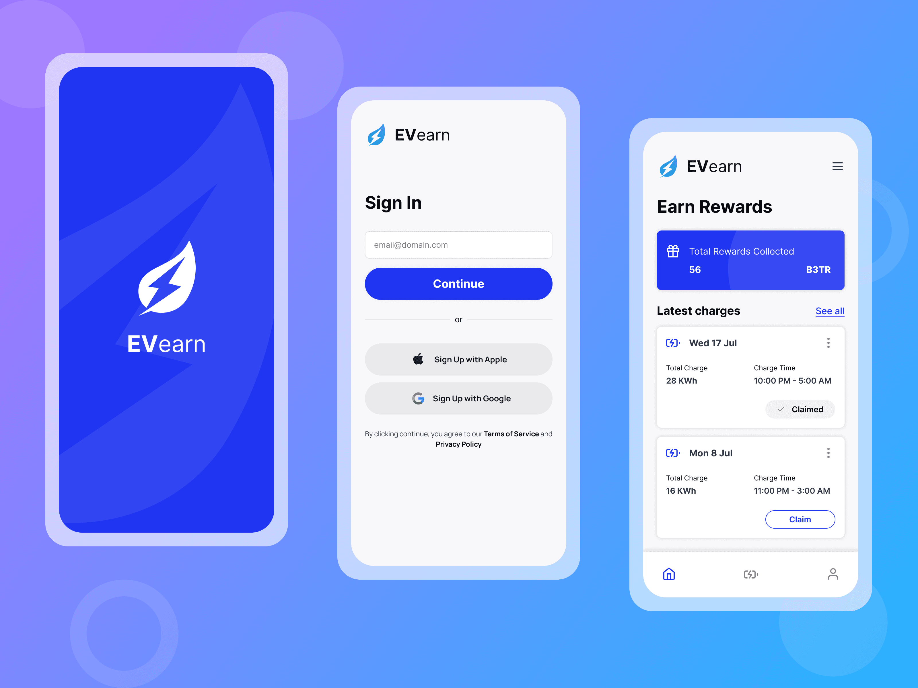 EVearn Starting screens