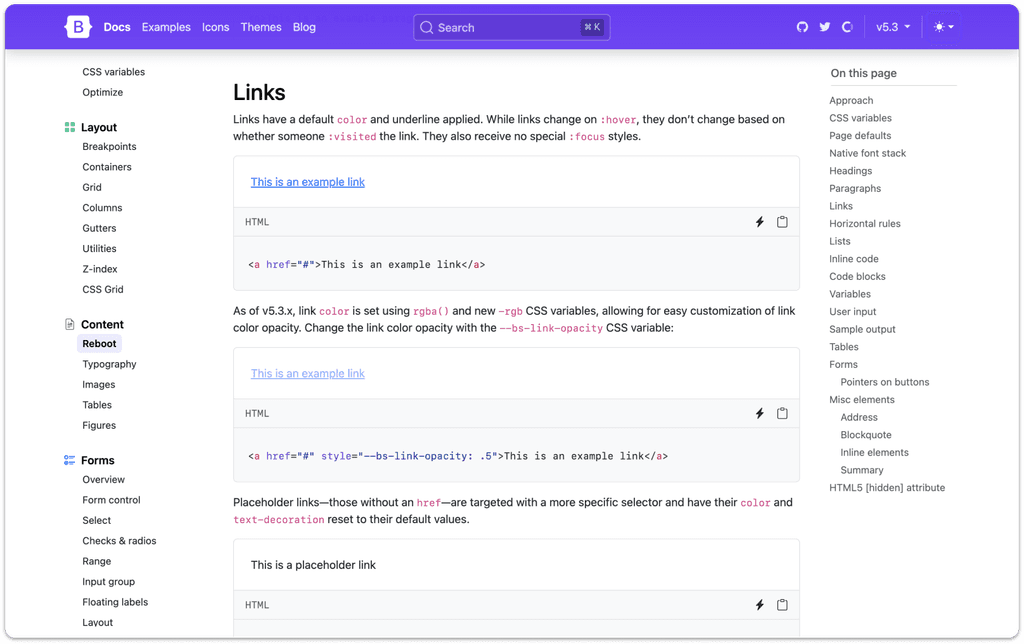 A screenshot of Bootstrap's documentation on Links.