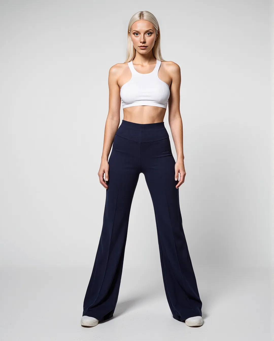 Minimalist fashion photography featuring white sports top and navy wide-leg pants against neutral background