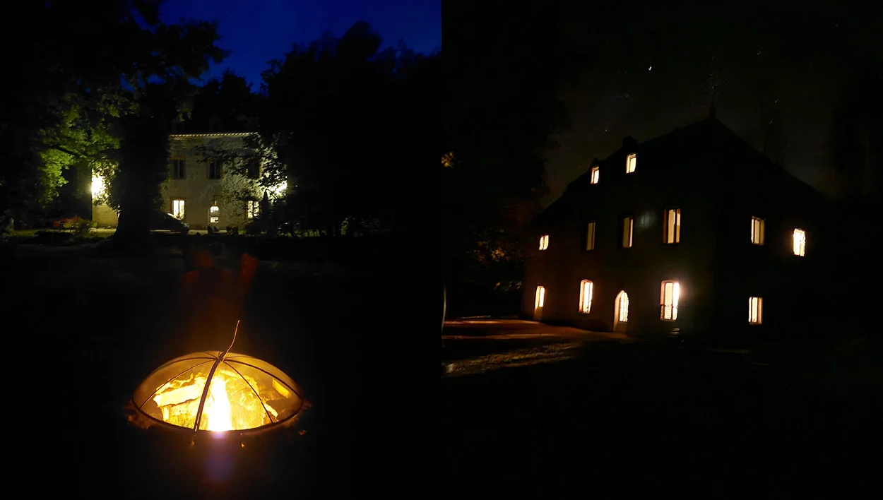 Ambiance nocturne du gîte La Tuilerie du Cinéaste avec éclairage extérieur